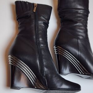 Elegant Black Leather Wedge Boots with Silver Accents